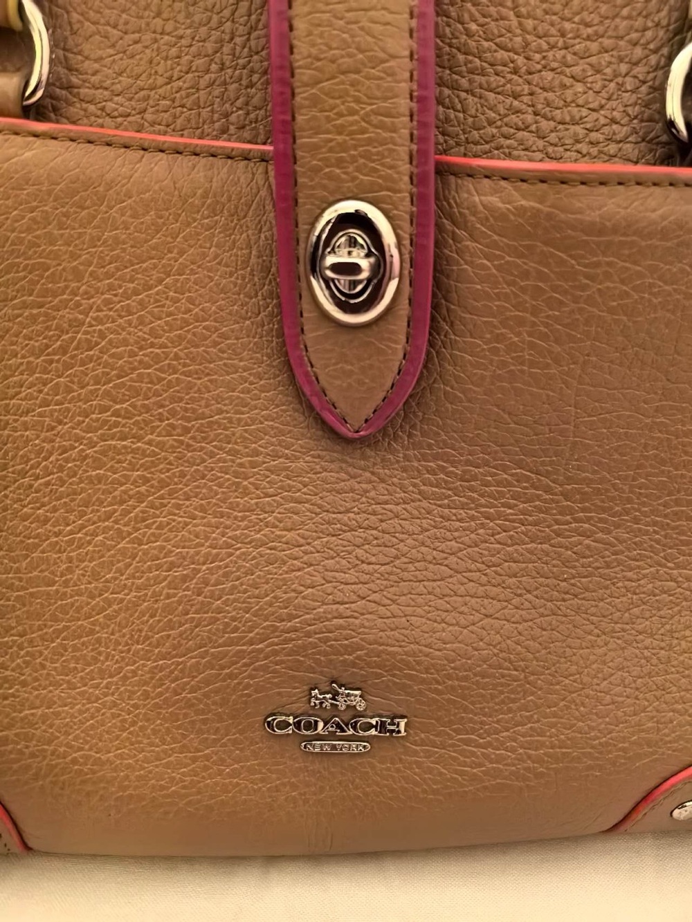 Coach Taupe Satchel with Pink and Coral Trim - Picture 7 of 9